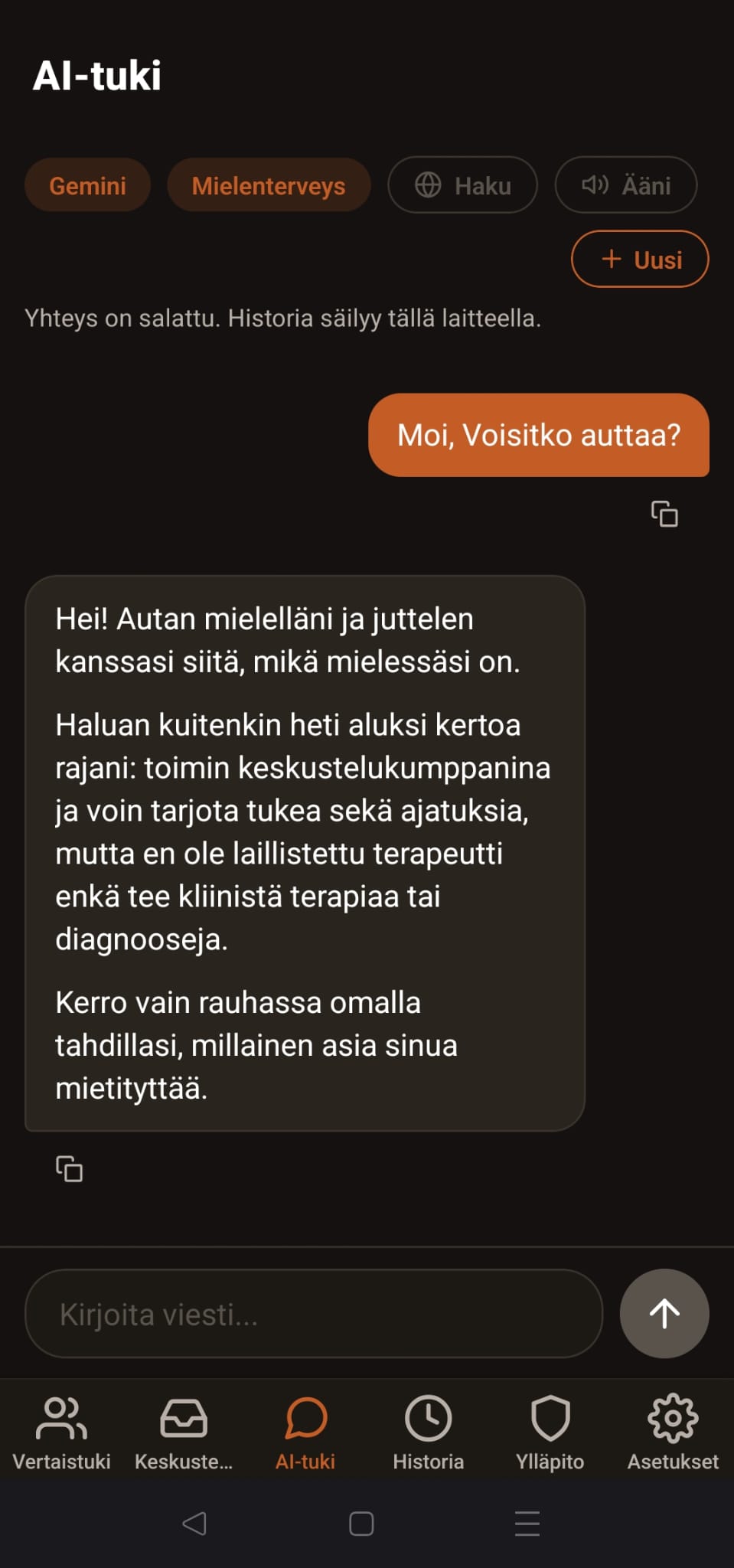 AI-tuki ja mielenterveys-keskustelu Vertainen-sovelluksessa