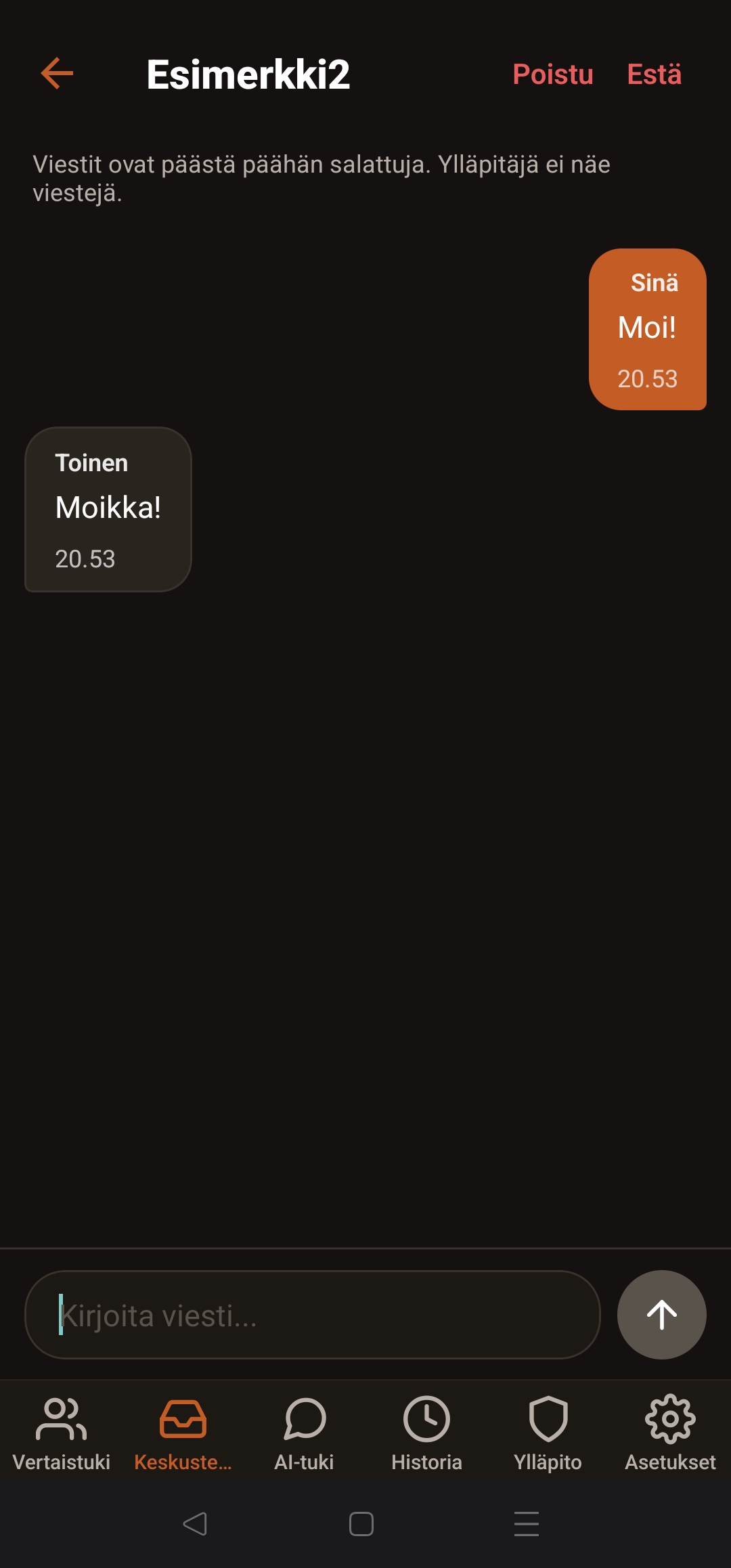 Päästä päähän salattu kahdenkeskinen chat Vertainen-sovelluksessa