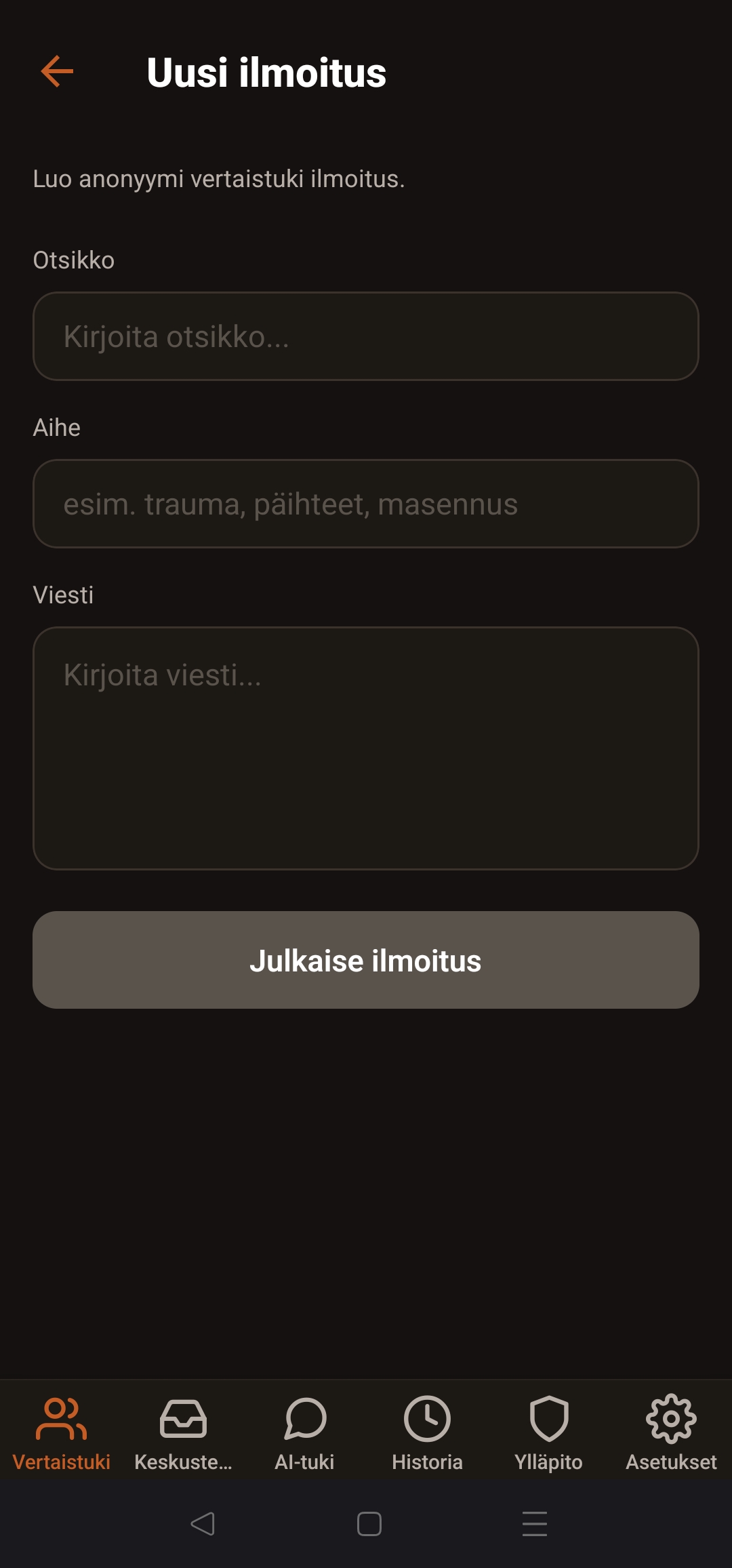 Uuden vertaistuki-ilmoituksen lomake Vertainen-sovelluksessa