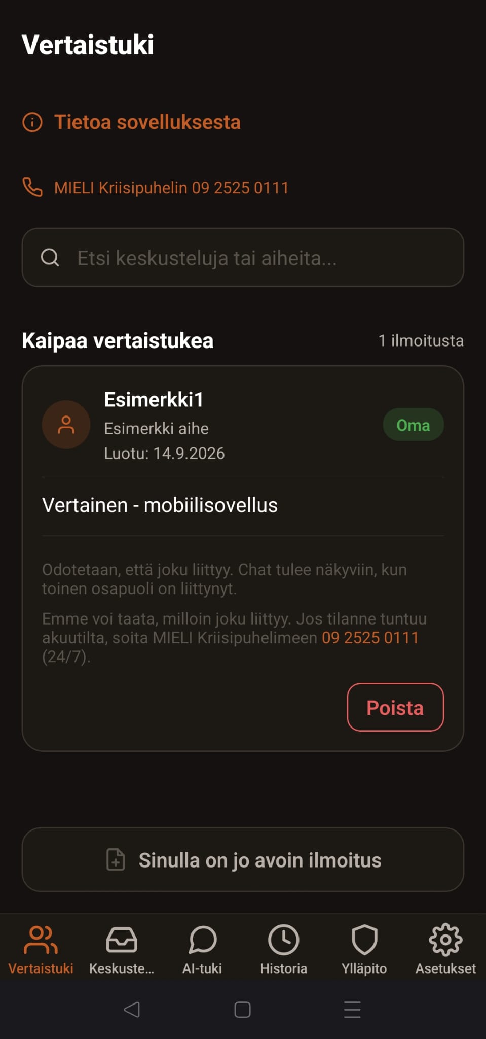 Vertainen-sovelluksen oma avoin vertaistuki-ilmoitus