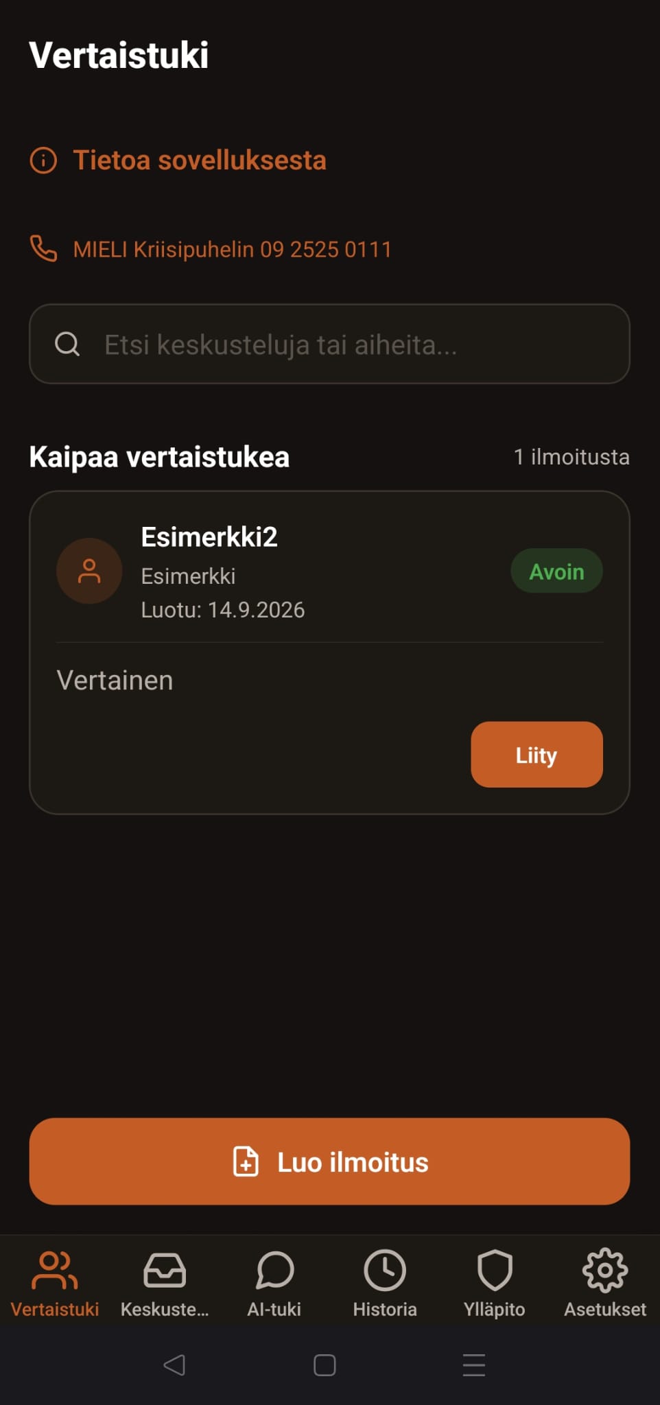 Vertainen-sovelluksen vertaistuki-ilmoitus ja Liity-painike